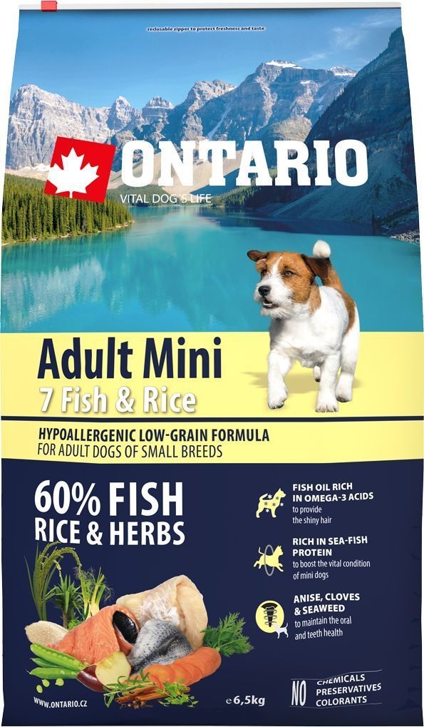 Ontario корм сухой для взрослых собак мини пород с рыбой и рисом
