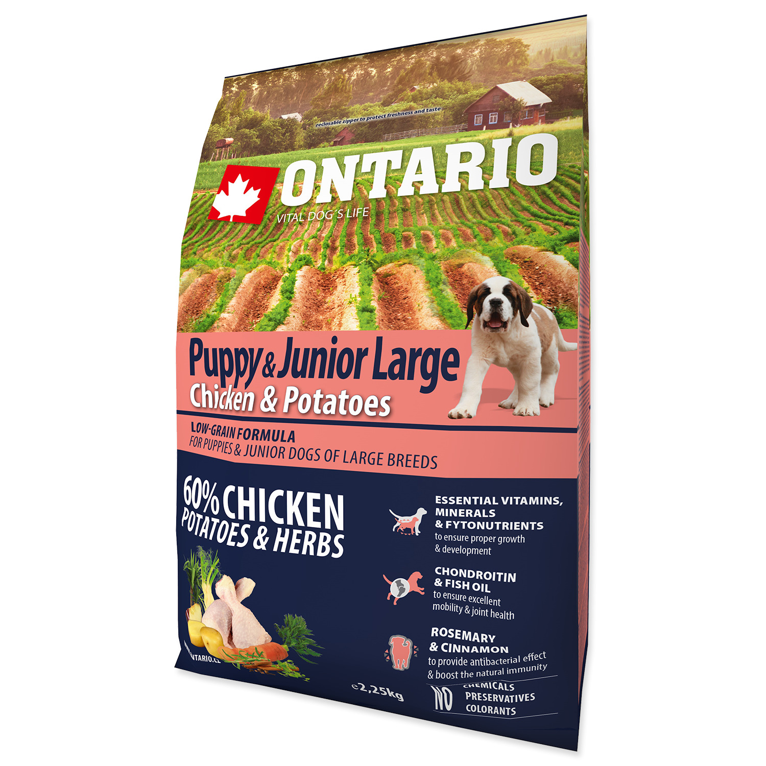 Ontario сухой корм для щенков и подростков крупных пород с курицей и картофелем