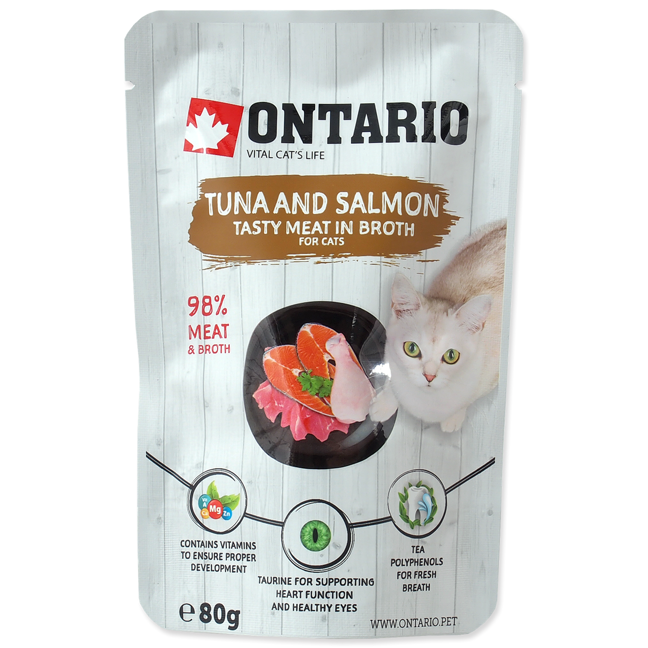 Ontario тунец и лосось в бульоне для кошек и котят с 4х мес. пауч 80г