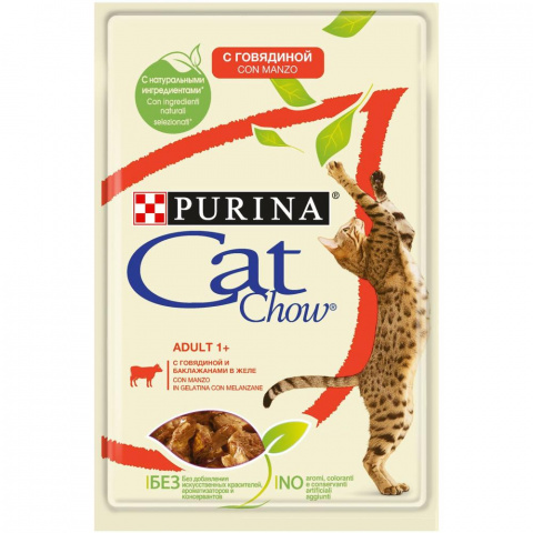 Adult 1+ влажный корм для кошек старше 1 года, с говядиной и баклажанами в желе, Purina Cat Chow
