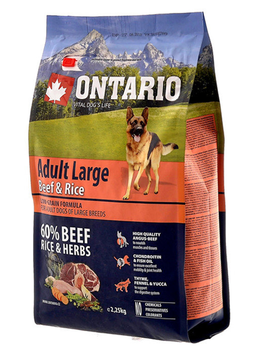 Ontario сухой корм для взрослых собак крупных пород с говядиной и рисом  2,25 кг