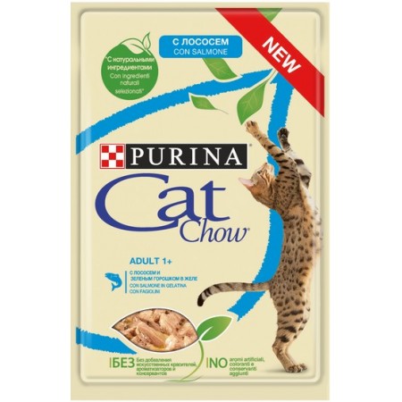 Adult 1+ влажный корм для кошек старше 1 года, с лососем и зеленым горошком в желе, Purina Cat Chow