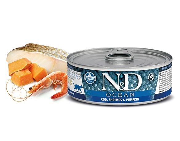 N&D Влажный корм для взрослых кошек Треска с креветками и тыквой, Farmina