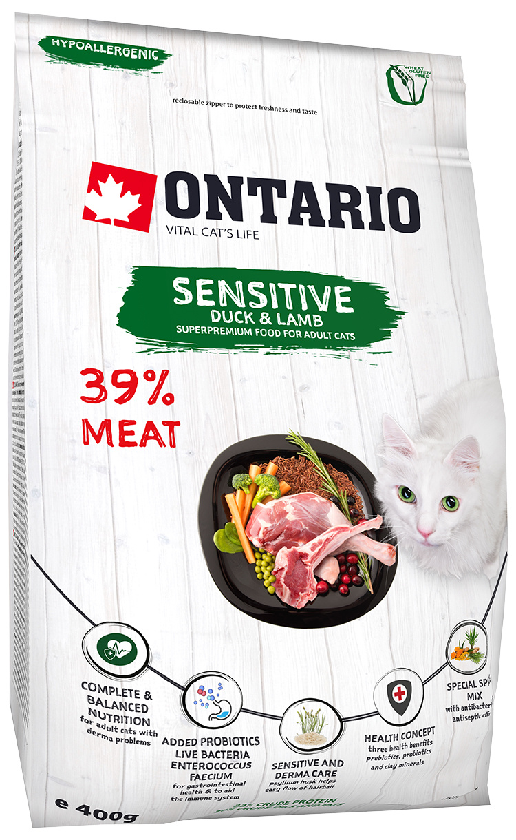 Ontario сухой корм для кошек с чувствительной кожей Утка/Ягненок от зоомагазина Дино Зоо