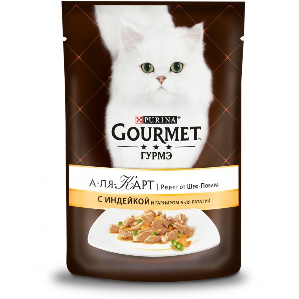 Gourmet "A la Carte" 85 г для взрослых кошек, с индейкой и  зеленым горошком и морковью (пауч) от зоомагазина Дино Зоо