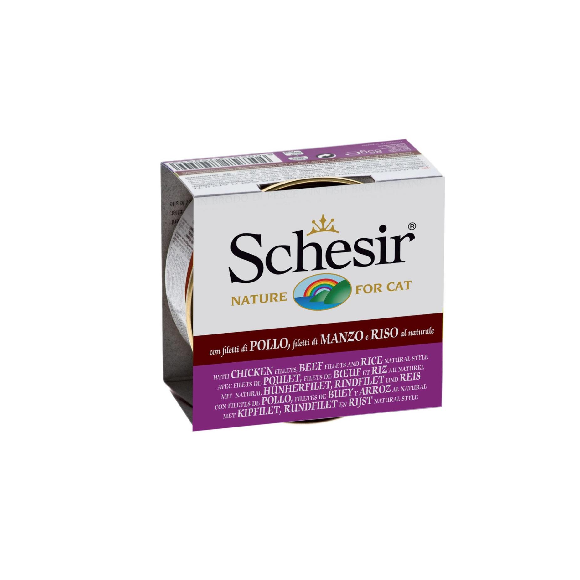 Schesir 85 гр консервы для кошек цыпленок/говядина/рис (банка) от зоомагазина Дино Зоо