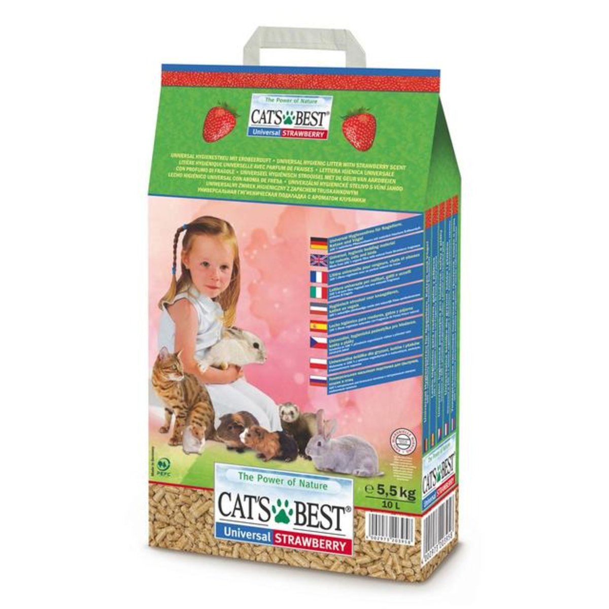 Universal Strawberry наполнитель для туалетов домашних животных, древесный, впитывающий, с запахом клубники, Cat's Best