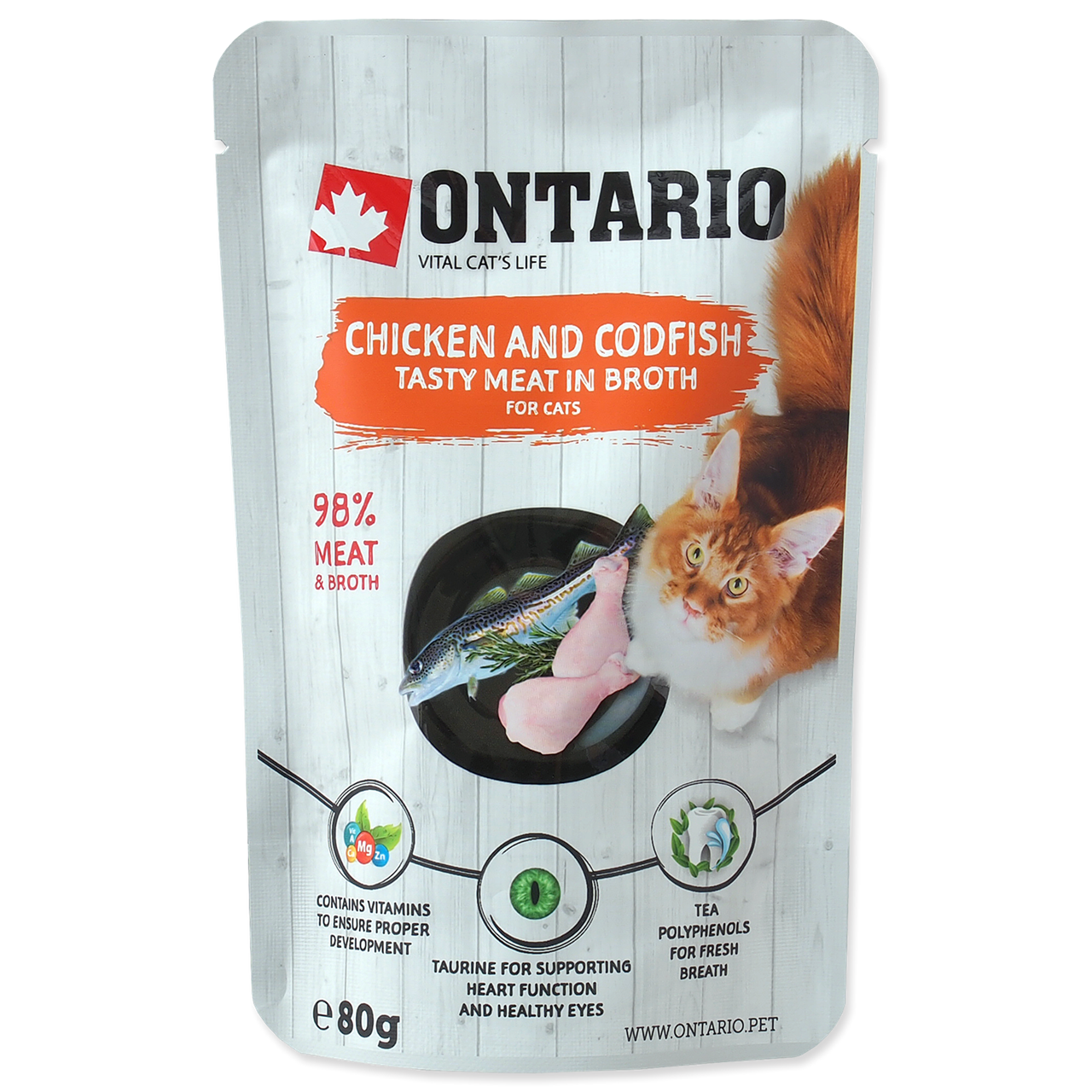 Ontario курица и треска в бульоне для кошек и котят с 4х мес. пауч 80г
