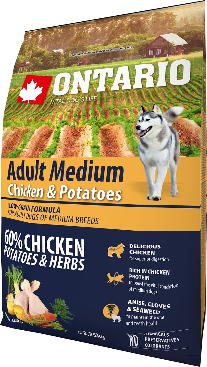 Ontario корм сухой для взрослых собак средних пород с курицей и картофелем от зоомагазина Дино Зоо