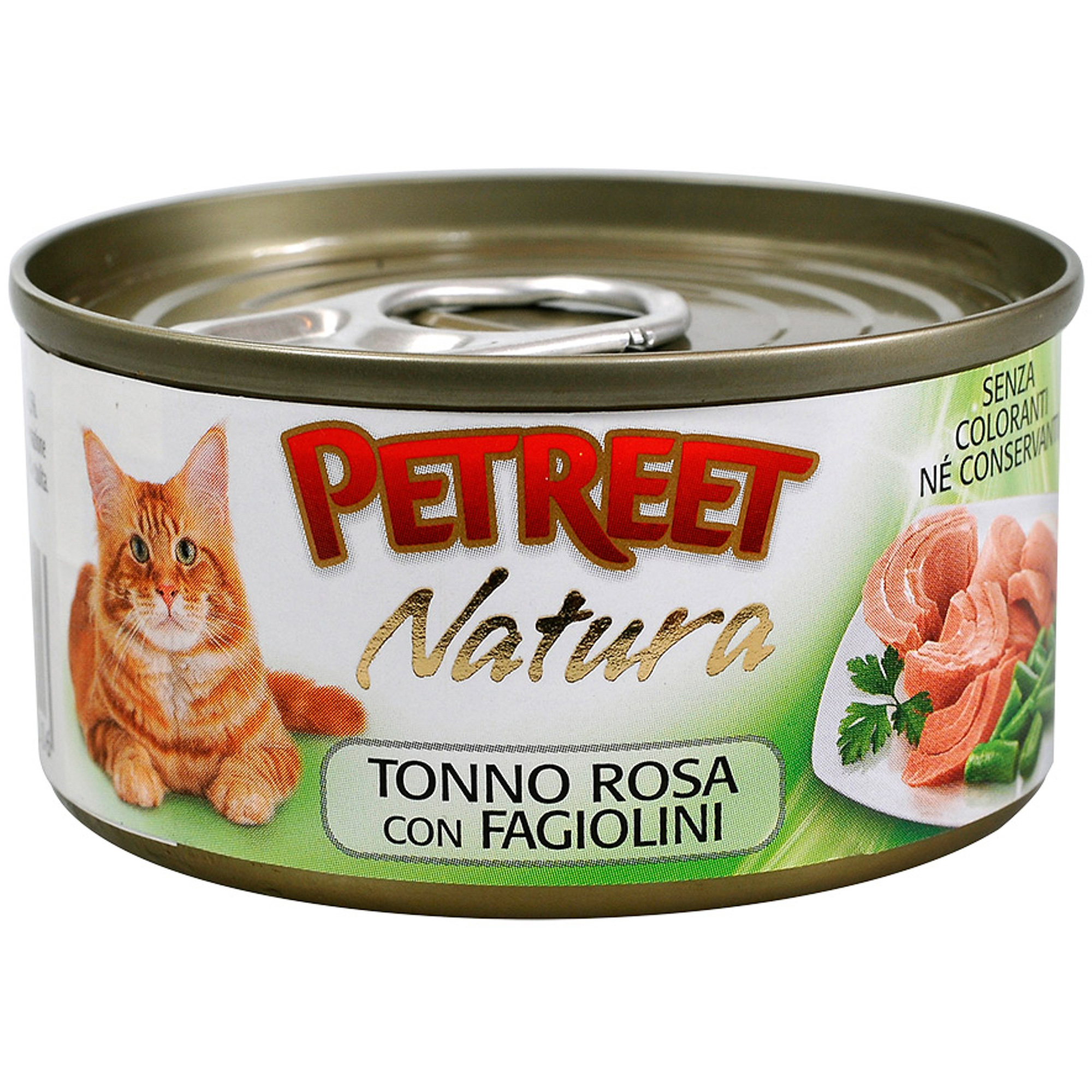 Консервы для кошек кусочки тихоокеанского тунца с зеленой фасолью в рыбном бульоне, Petreet
