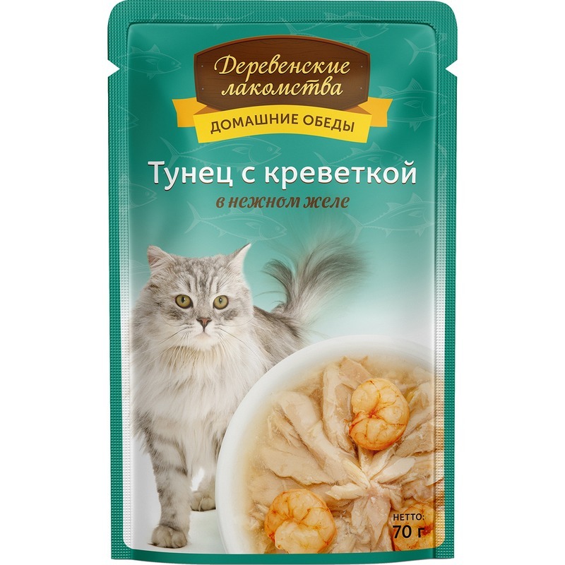 "Деревенские лакомства"  консервы для кошек «Тунец с креветкой в нежном желе»