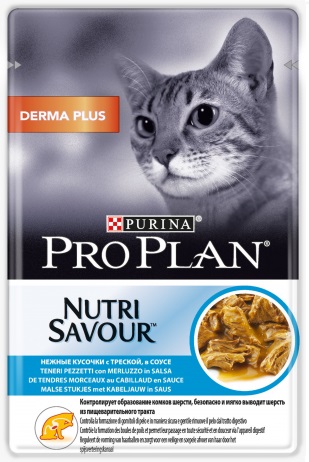 Nutrisavour Derma Plus влажный корм для кошек с чувствительной кожей, с треской в соусе, Purina Pro Plan от зоомагазина Дино Зоо