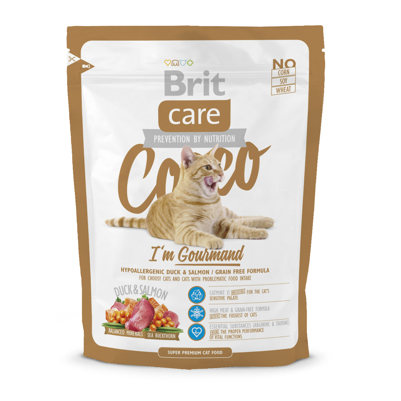 Care Cat Cocco Im Gourmand корм для привередливых кошек и кошек с чувствительным пищеварением, с мясом утки и лосося, Brit