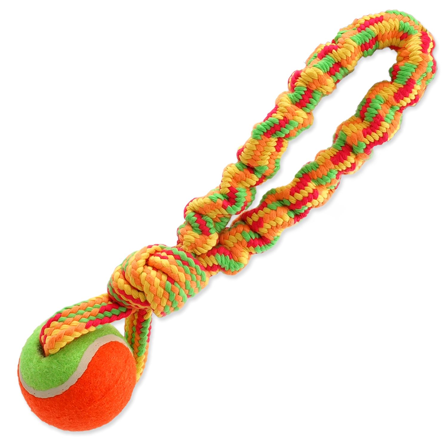 Игрушка веревочная разноцветная теннисный мяч с петлей 28 см Dog Fantasy от зоомагазина Дино Зоо