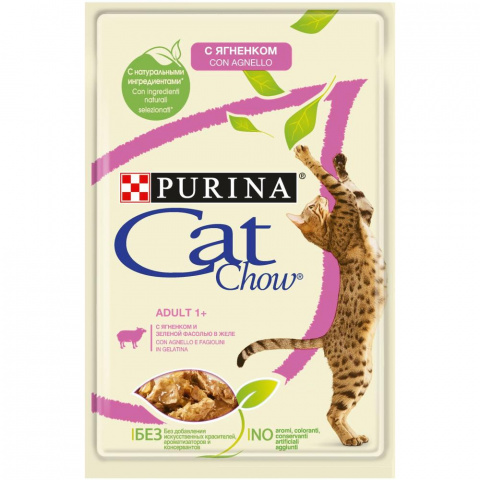 Adult 1+ влажный корм для кошек старше 1 года, с ягненком и зеленой фасолью в желе, Purina Cat Chow