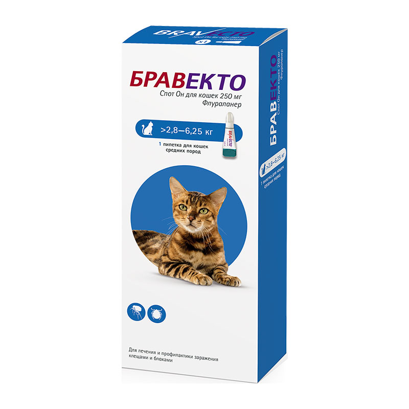 Бравекто Спот Он для кошек (250 мг) 2,8-6,25 кг от зоомагазина Дино Зоо