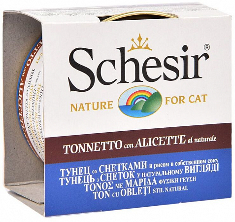 Schesir 85г р консервы для кошек тунец в собственном соку со снетками (банка) от зоомагазина Дино Зоо