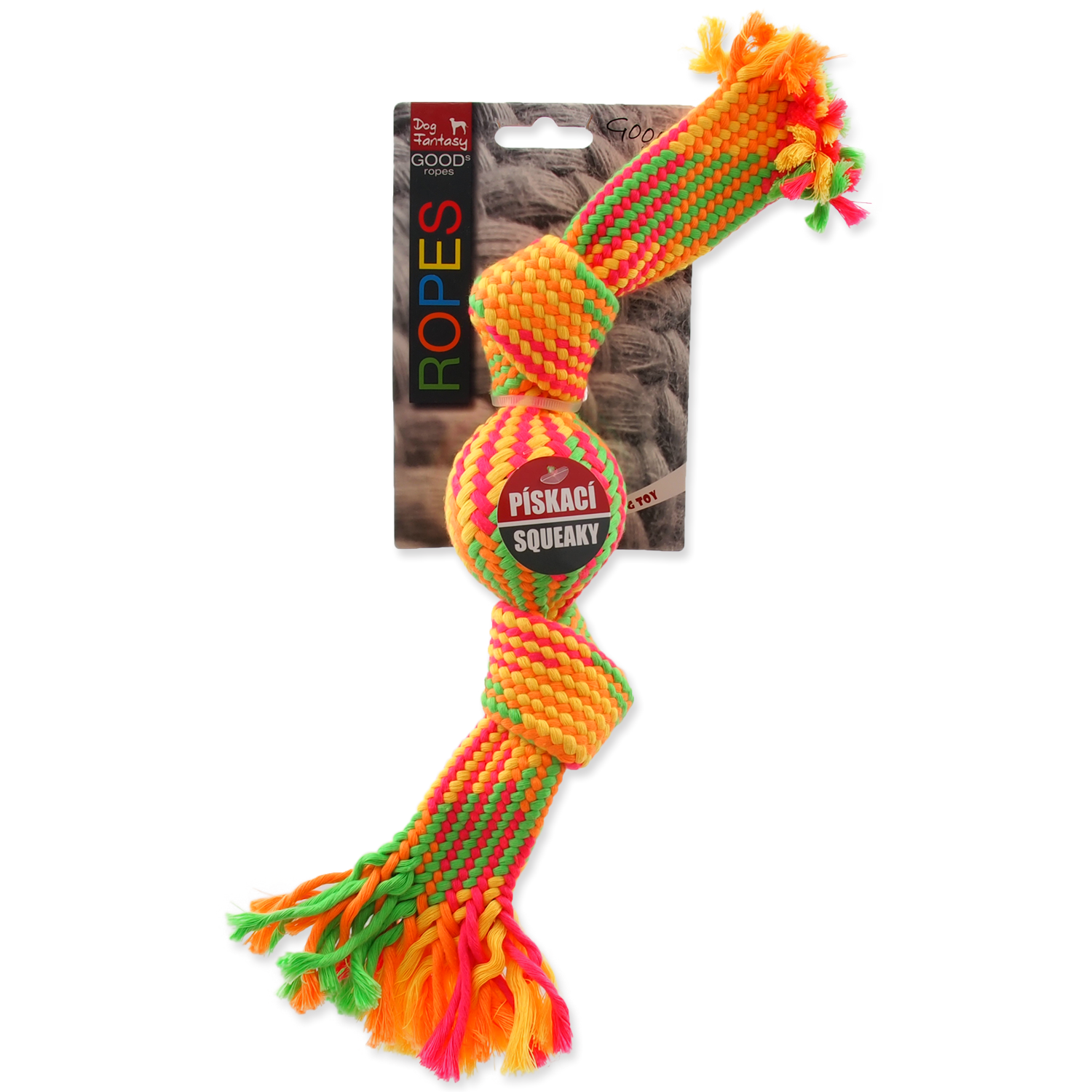 Игрушка веревочная разноцветная мяч с 2 узлами 33см, Dog Fantasy от зоомагазина Дино Зоо