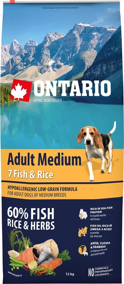 Ontario корм сухой для взрослых собак средних пород с рыбой и рисом от зоомагазина Дино Зоо