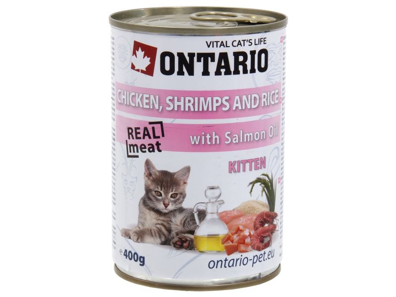 Ontario консервы для котят с курицей, креветками, рисом и лососевым маслом 400 гр от зоомагазина Дино Зоо