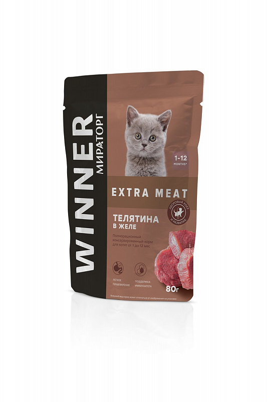 Winner 80г Extra Meat Корм консервированный полнорационный для котят от 1 до 12 месяцев Телятина в желе