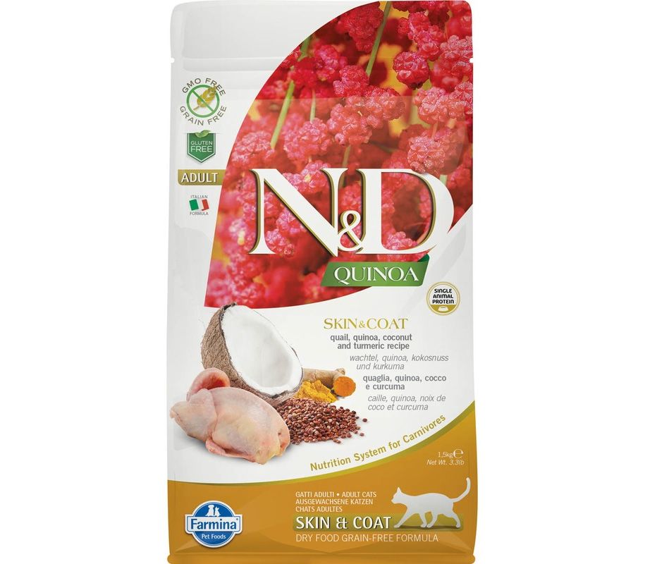 Farmina N&D Quinoa Skin&Coat Adult Корм сухой для кошек Перепёлка уход за кожей и шерстью от зоомагазина Дино Зоо