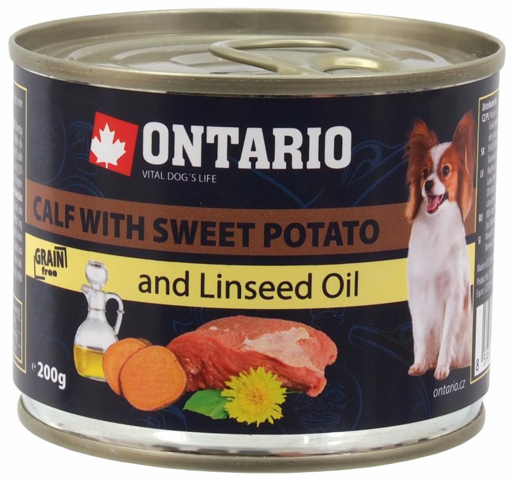 Ontario консервы для собак мини пород с телятиной, сладким картофелем, одуванчиком и льняным маслом 200гр