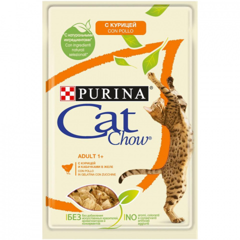 Adult 1+ влажный корм для кошек старше 1 года, с курицей и кабачками в желе, Purina Cat Chow