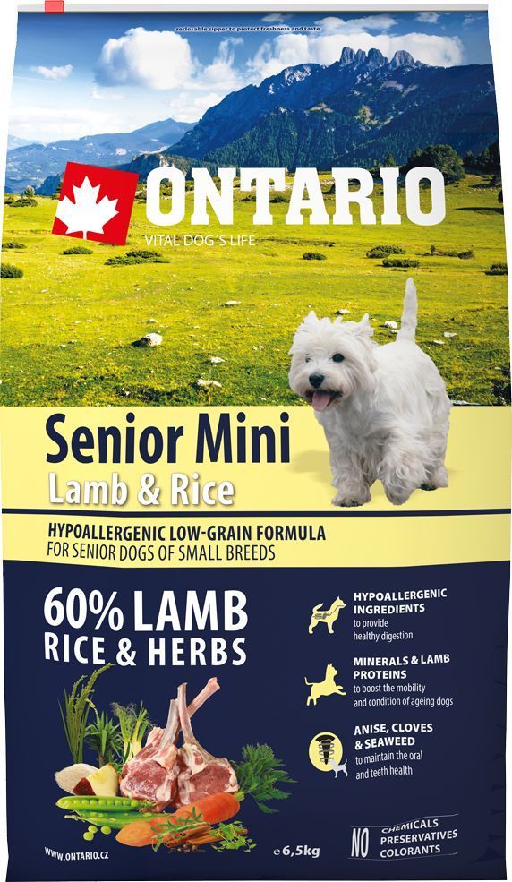 Ontario сухой корм для пожилых собак мини пород с ягненком и рисом от зоомагазина Дино Зоо