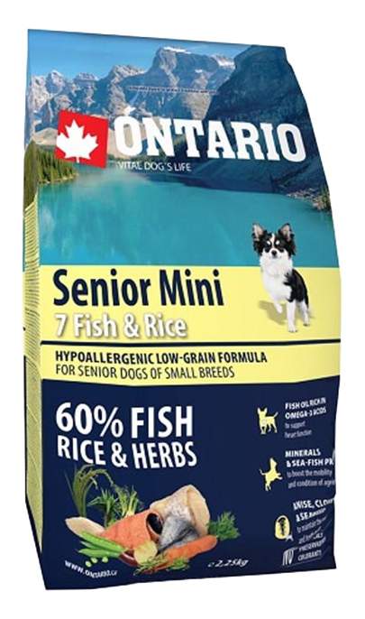 Ontario корм сухой для пожилых собак мини пород с рыбой и рисом