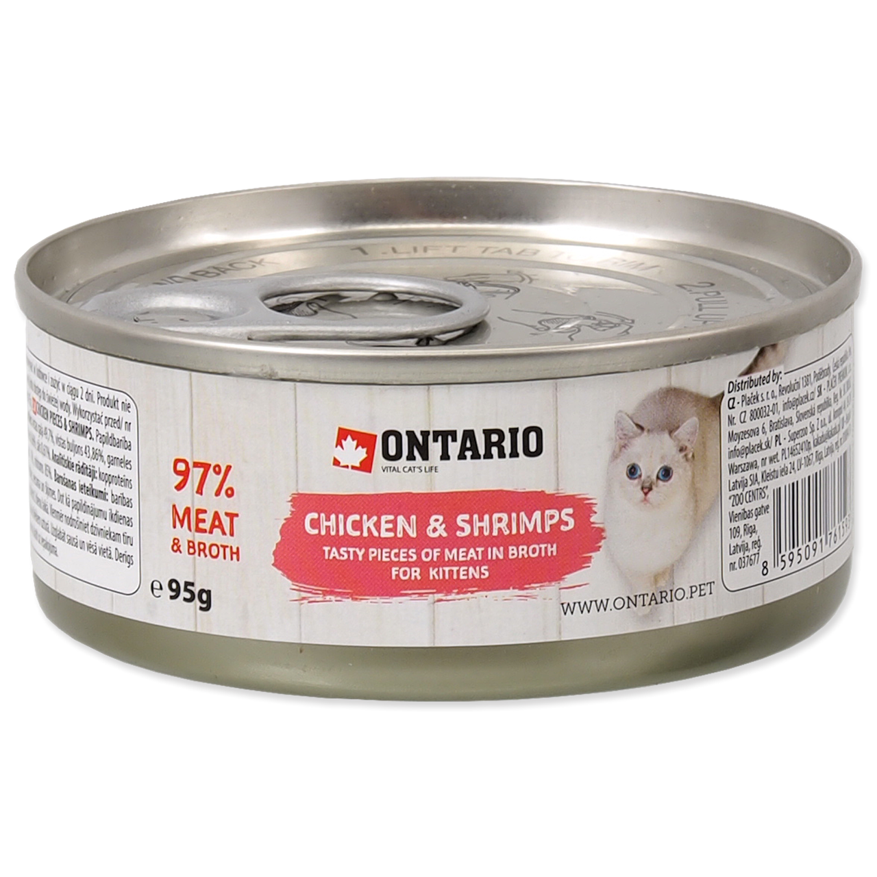 Ontario кусочки цыплёнка и креветки для котят банка 95г