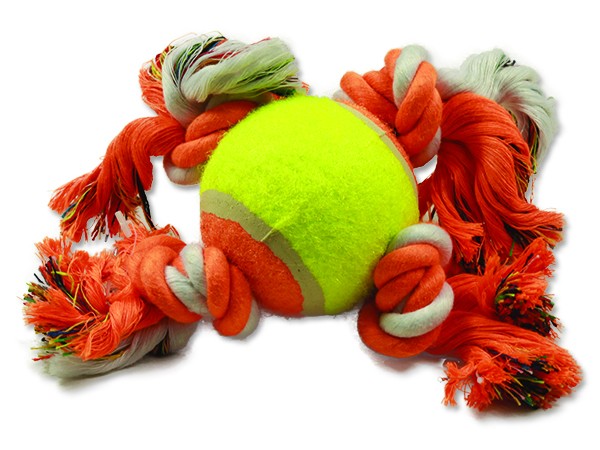 Игрушка веревочная теннисный мячик с 4 оранжево-белыми узлами Dog Fantasy от зоомагазина Дино Зоо