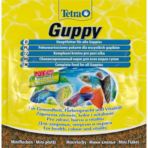 Корм для рыб Tetra Guppy Mini Flakes 12г пакет мини-хлопья основной для всех видов гуппи от зоомагазина Дино Зоо